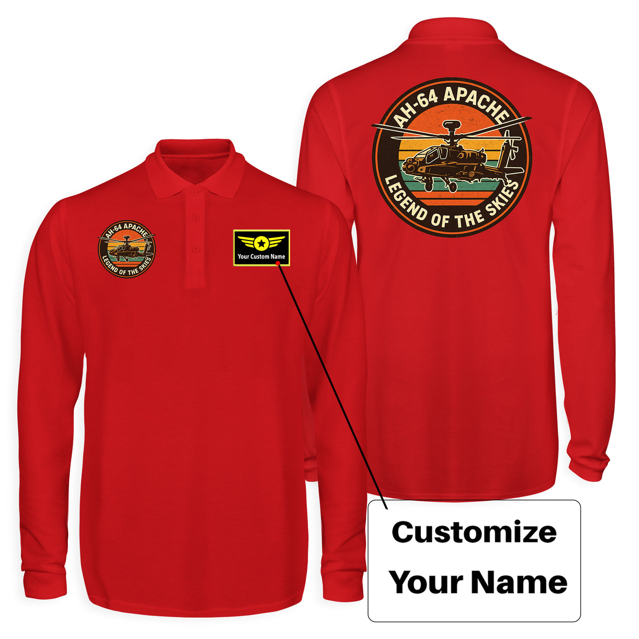 Retro Apache AH-64 Designed Long Sleeve Polo T-Shirts (Double-Side)