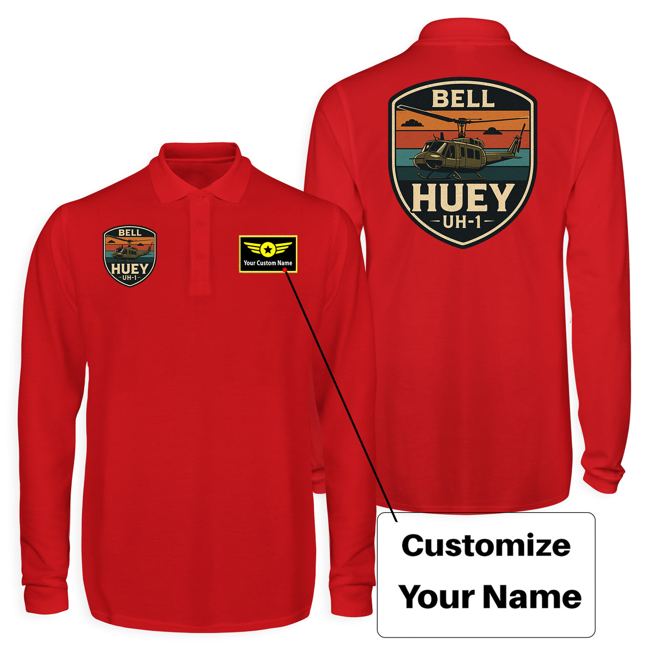 Retro BELL HUEY UH-1 Designed Long Sleeve Polo T-Shirts (Double-Side)