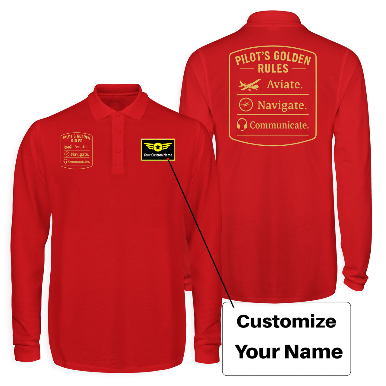 Pilot's Golden Rules Designed Long Sleeve Polo T-Shirts (Double-Side)