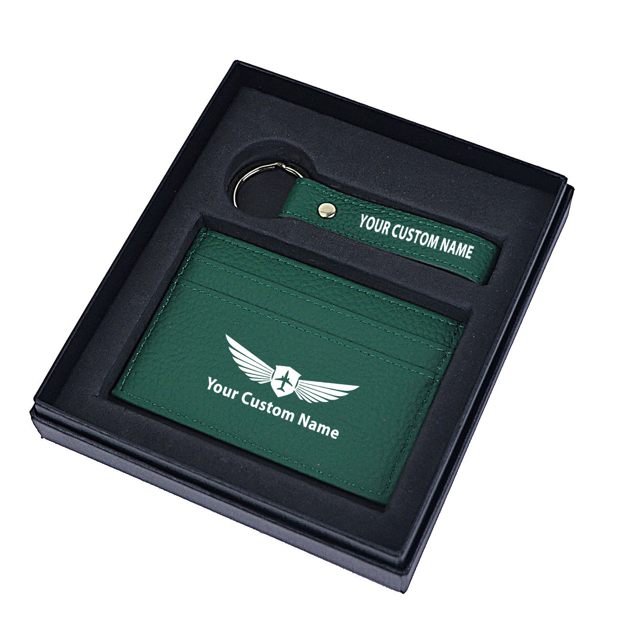 Your Custom Name/Text Genuine Leather Cardholder Key Ring Gift Box Set