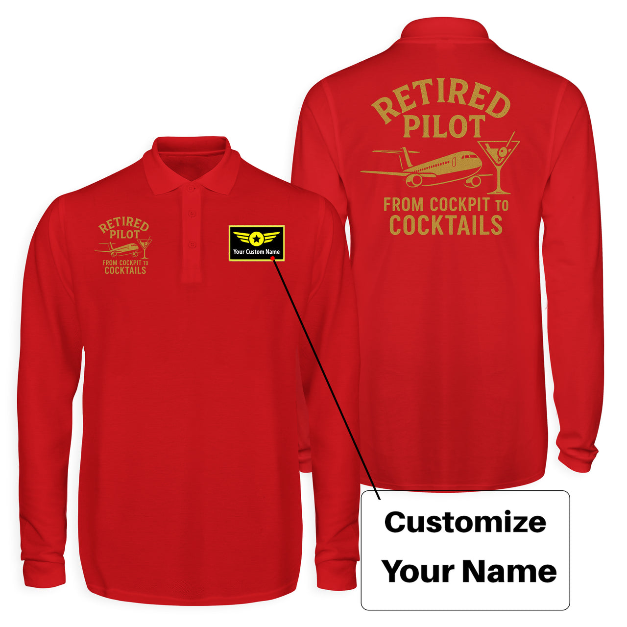 Retired Pilot & Coctails Designed Long Sleeve Polo T-Shirts (Double-Side)