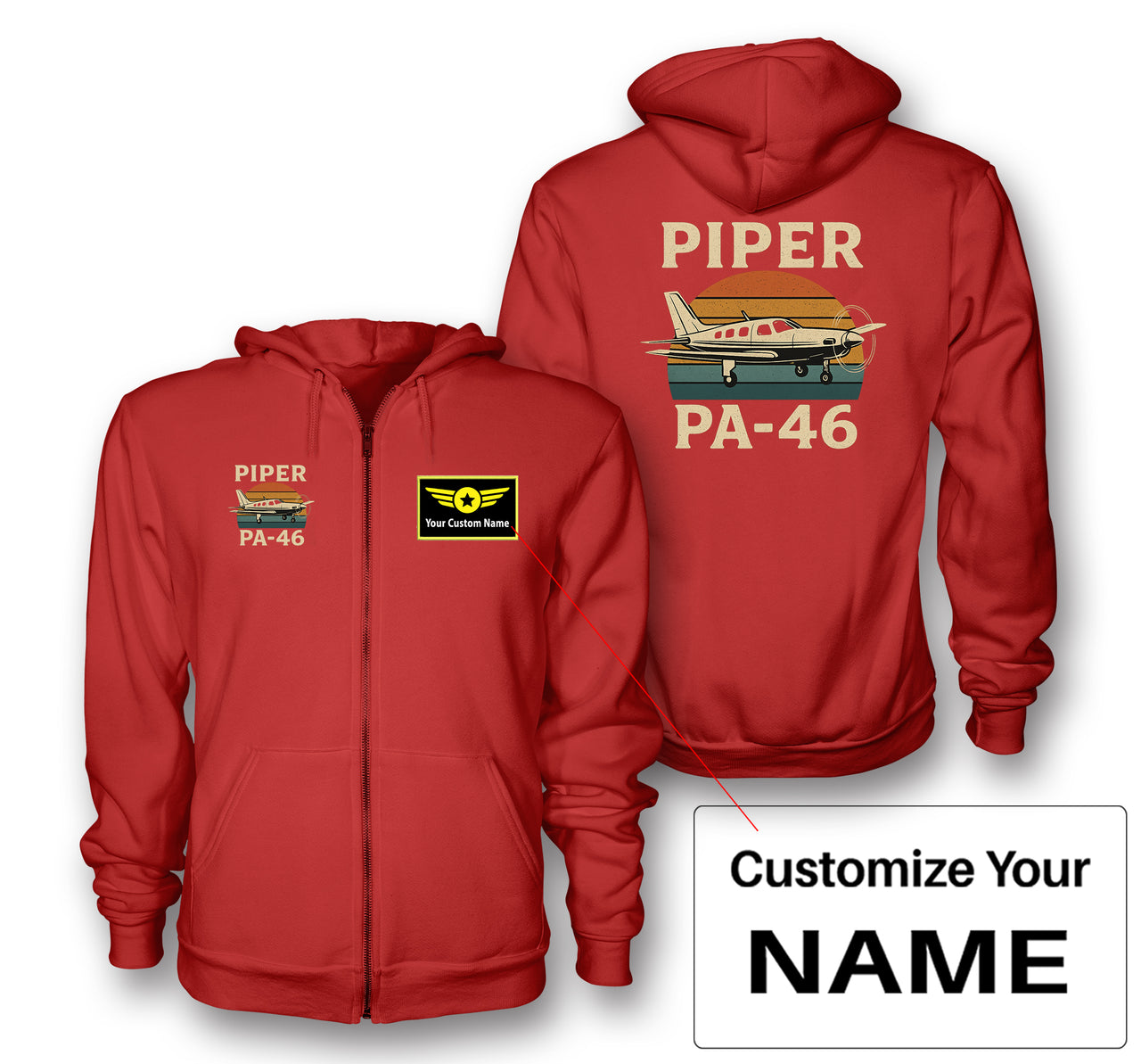 Retro Piper PA-46 Designed Zipped Hoodies
