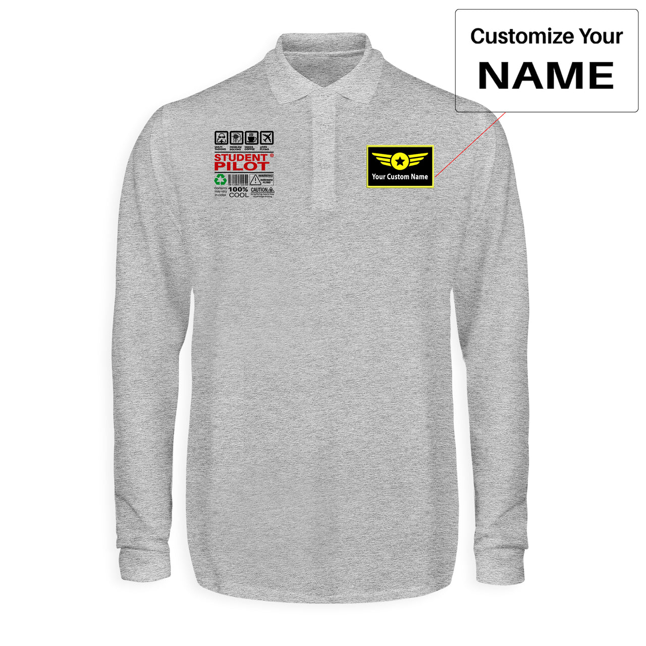 Student Pilot Label Designed Long Sleeve Polo T-Shirts