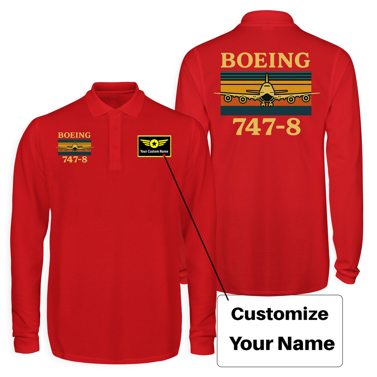 Retro Boeign 747-8 Designed Long Sleeve Polo T-Shirts (Double-Side)