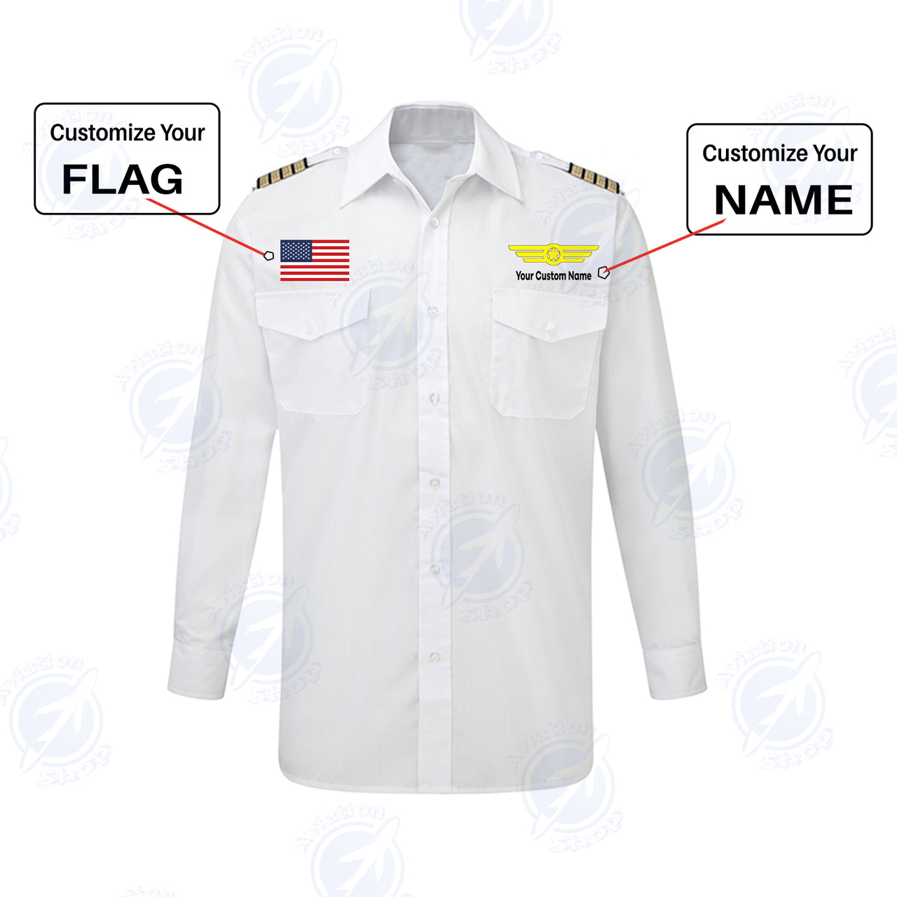 Custom Flag & Name with EPAULETTES (Badge 6) Designed Long Sleeve Pilot Shirts