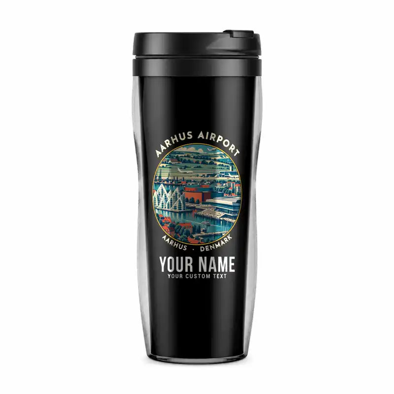 Aarhus Airport (AAR) Travel Mugs - Badge + Name - Plastic (No Holder) - Black