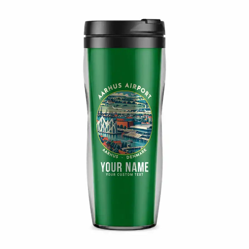 Aarhus Airport (AAR) Travel Mugs - Badge + Name - Plastic (No Holder) - Green