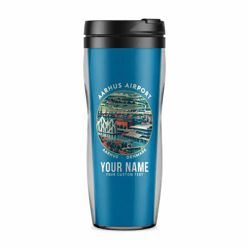 Aarhus Airport (AAR) Travel Mugs - Badge + Name - Plastic (No Holder) - Light Blue