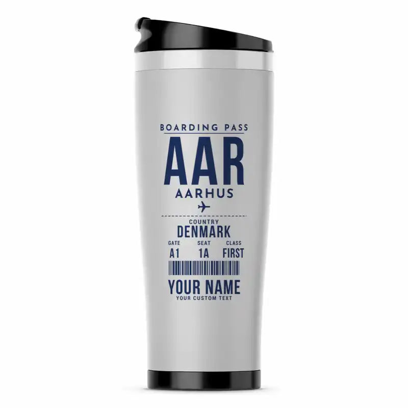 Aarhus Airport (AAR) Travel Mugs - Boarding Pass + Name - Stainless Steel (No Holder) - Light Gray