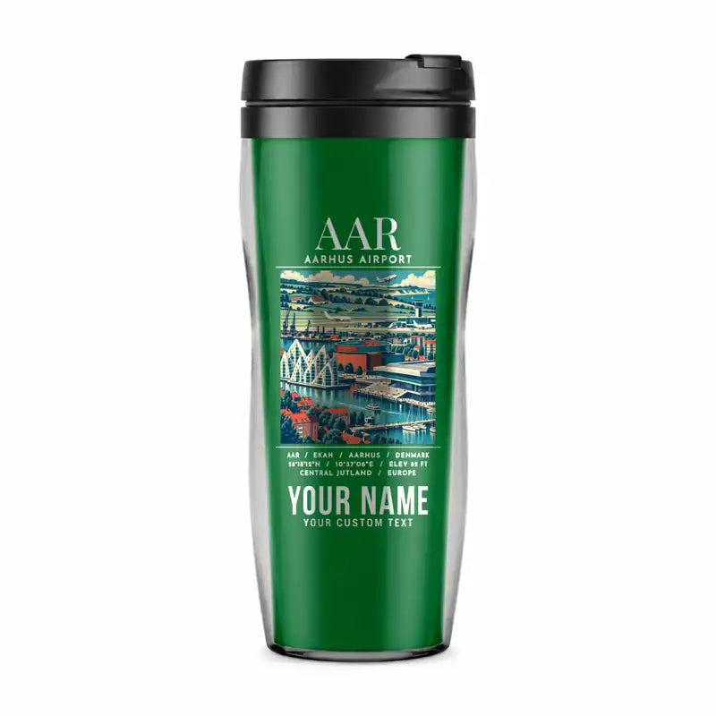 Aarhus Airport (AAR) Travel Mugs - Poster + Name - Plastic (No Holder) - Green
