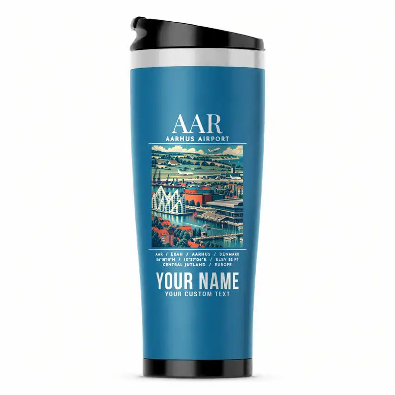 Aarhus Airport (AAR) Travel Mugs - Poster + Name - Stainless Steel (No Holder) - Light Blue