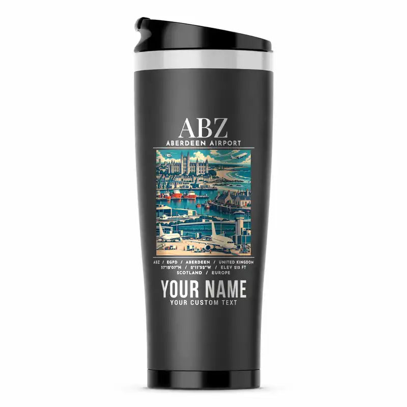 Aberdeen International Airport (ABZ) Travel Mugs - Poster + Name - Stainless Steel (No Holder) - Gray