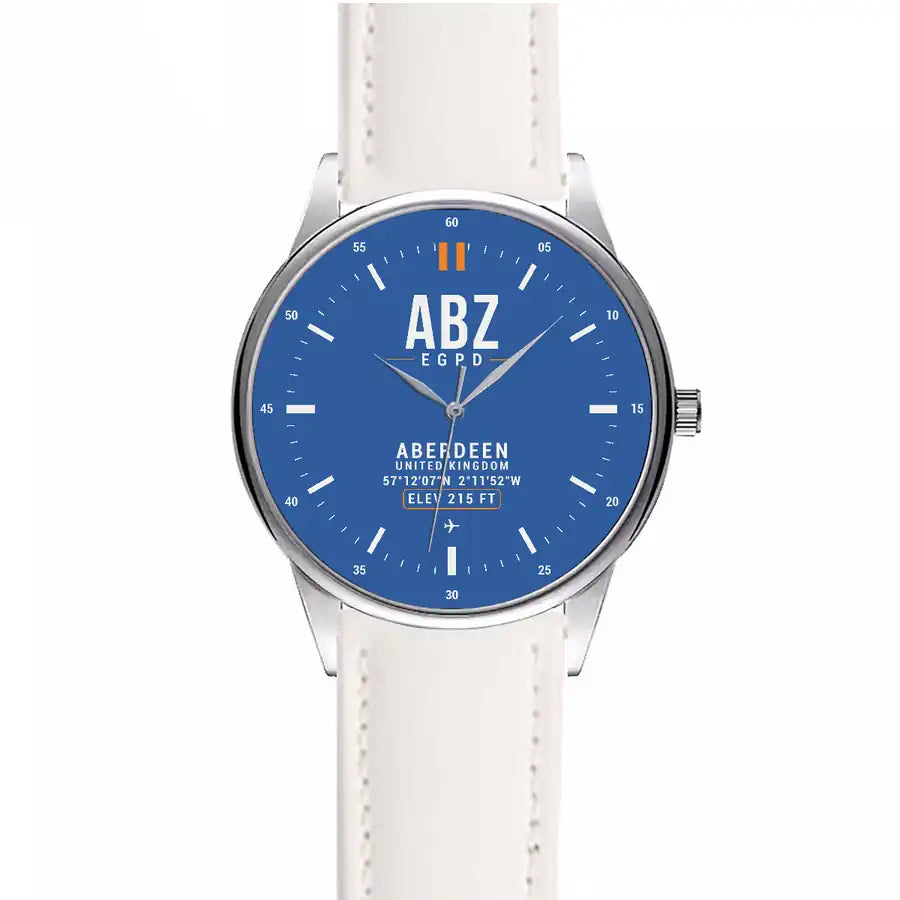 Aberdeen International Airport (ABZ) Aviator Watches - Classic - Blue - Leather Strap - White Leather Strap