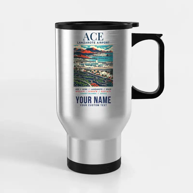 César Manrique-Lanzarote Airport (ACE) Travel Mugs - Poster + Name - Stainless Steel with Holder - Silver
