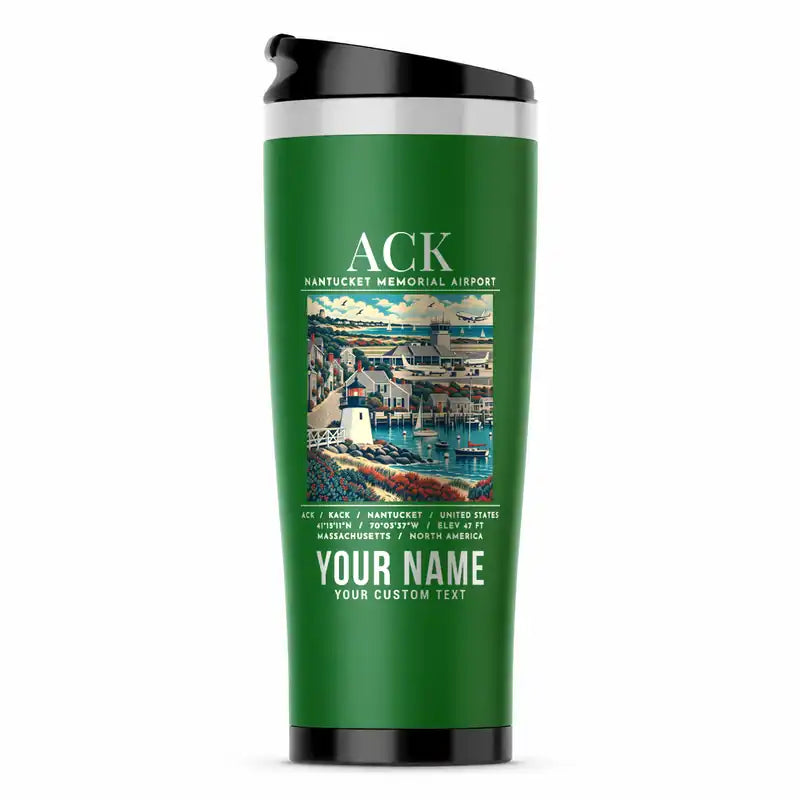 Nantucket Memorial Airport (ACK) Travel Mugs - Poster + Name - Stainless Steel (No Holder) - Green