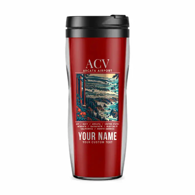 California Redwood Coast-Humboldt County Airport (ACV) Travel Mugs - Poster + Name - Plastic (No Holder) - Red