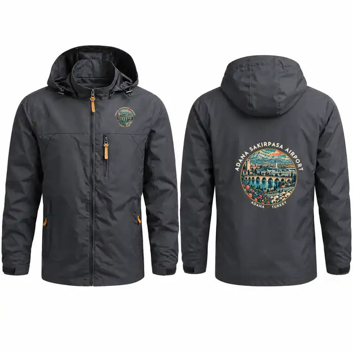 Adana Sakirpasa Airport (ADA) Stylish Jackets - Hooded Windbreaker - Badge - Charcoal
