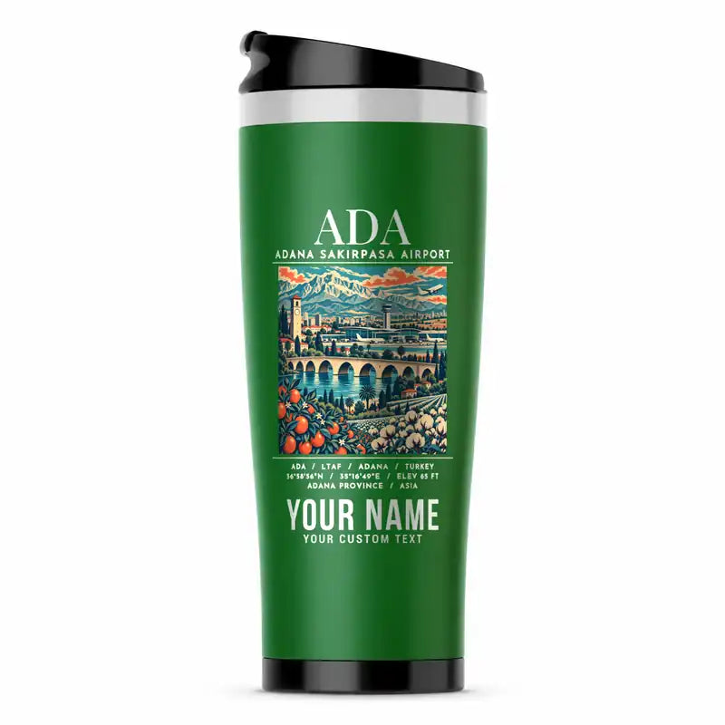 Adana Sakirpasa Airport (ADA) Travel Mugs - Poster + Name - Stainless Steel (No Holder) - Green