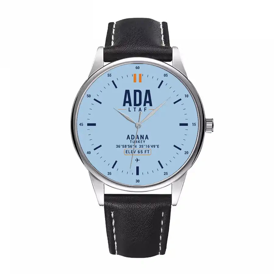 Adana Sakirpasa Airport (ADA) Aviator Watches - Classic - Light Blue - Leather Strap - Black Leather Strap