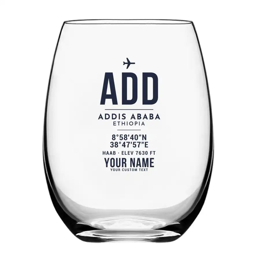 Addis Ababa Bole International Airport (ADD) Glasses - ID Tag + Name - Water & Drink Glass