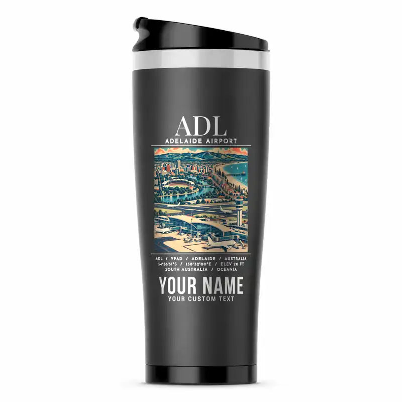 Adelaide Airport (ADL) Travel Mugs - Poster + Name - Stainless Steel (No Holder) - Gray