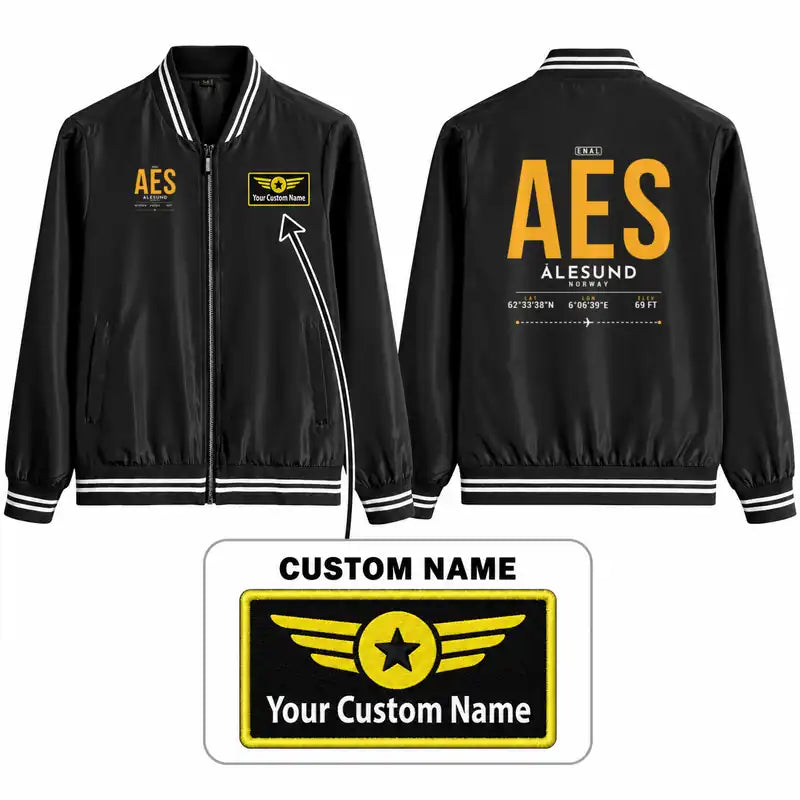 Ålesund Airport (AES) Stylish Jackets - Baseball Collar - Tag + Name - Black
