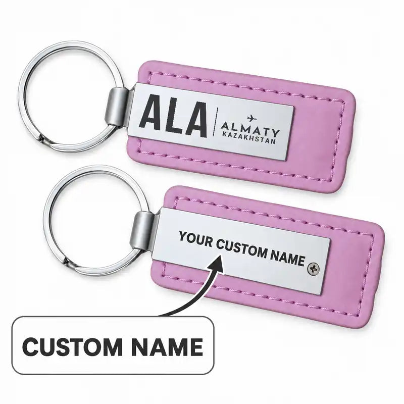 Almaty International Airport (ALA) Leather Key Chains - Leather Key Chain - Faux Leather - Original Design - Pink + Name