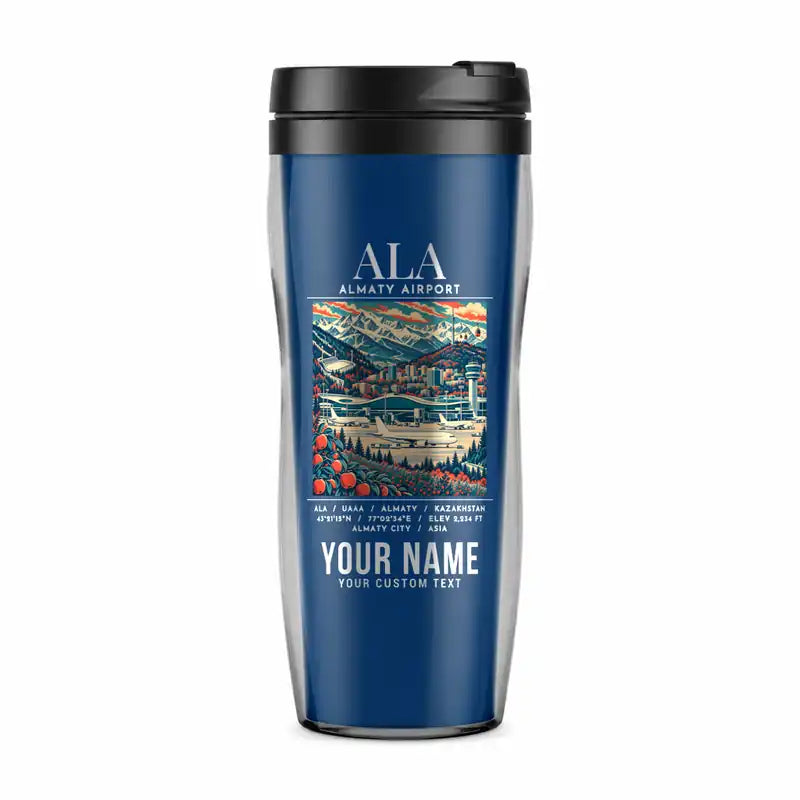 Almaty International Airport (ALA) Travel Mugs - Poster + Name - Plastic (No Holder) - Blue