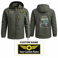 Thumbnail for Sardar Vallabhbhai Patel International Airport Ahmedabad (AMD) Stylish Jackets - Hooded Windbreaker - Poster + Name - Olive Green