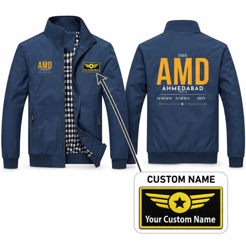 Sardar Vallabhbhai Patel International Airport Ahmedabad (AMD) Stylish Jackets - Stand Collar - Tag + Name - Navy Blue