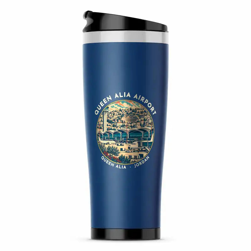 Queen Alia International Airport (AMM) Travel Mugs - Badge - Stainless Steel (No Holder) - Blue