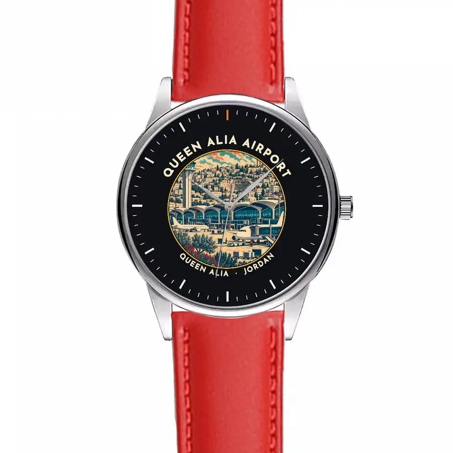 Queen Alia International Airport (AMM) Aviator Watches - Badge - Leather Strap - Red Leather Strap