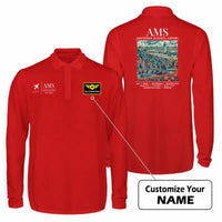 Thumbnail for Amsterdam Airport Schiphol (AMS) Premium Polo T-Shirts - Poster + Name - Long Sleeve - Red