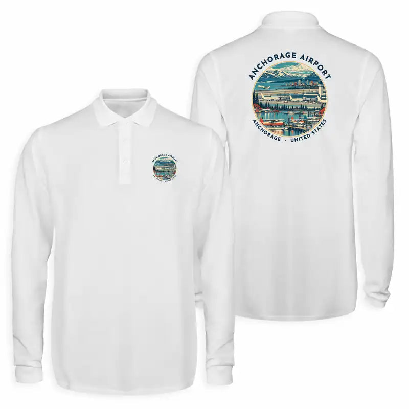 Ted Stevens Anchorage International Airport (ANC) Premium Polo T-Shirts - Badge - Long Sleeve - White