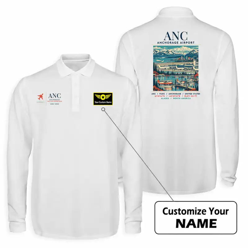 Ted Stevens Anchorage International Airport (ANC) Premium Polo T-Shirts - Poster + Name - Long Sleeve - White