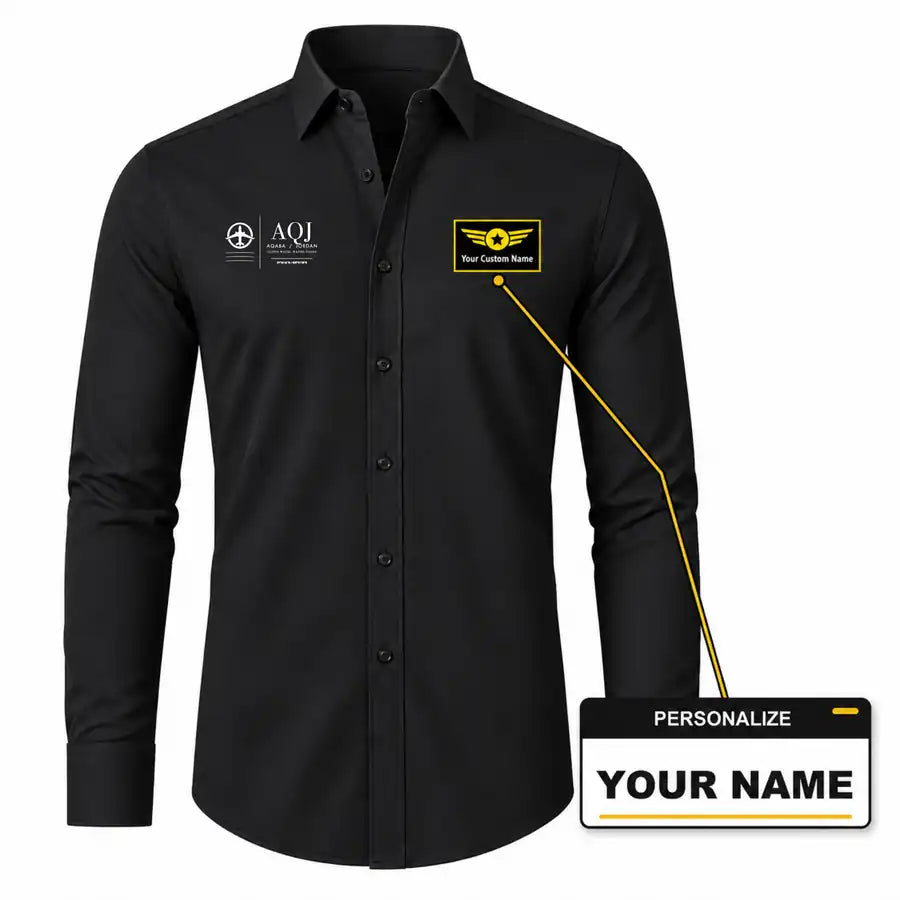 King Hussein International Airport (AQJ) Shirts - Long Sleeve Shirt - Front - Black + NAME