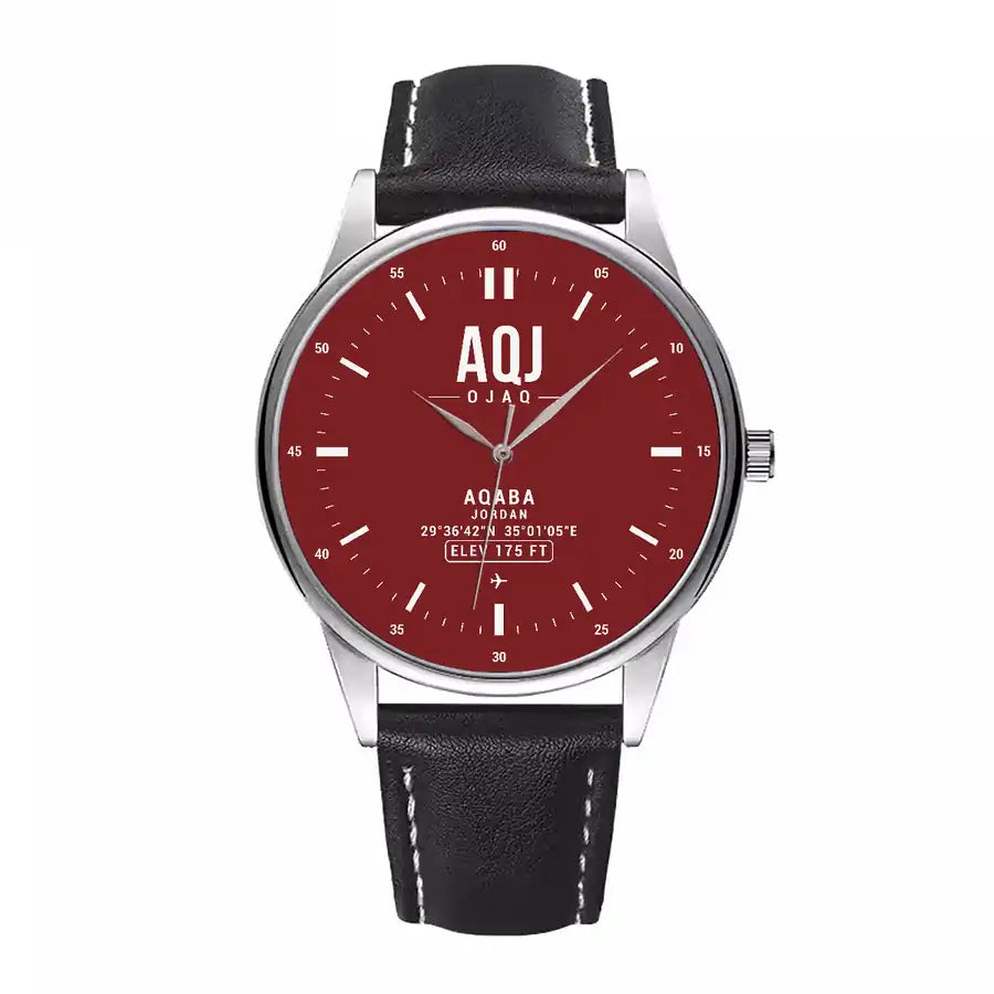 King Hussein International Airport (AQJ) Aviator Watches - Classic - Dark Red - Leather Strap - Black Leather Strap