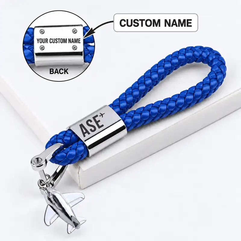 Aspen - Pitkin County Airport (ASE) Leather Key Chains - Leather Key Chain - Braided Leather - Original Design - Blue + Name