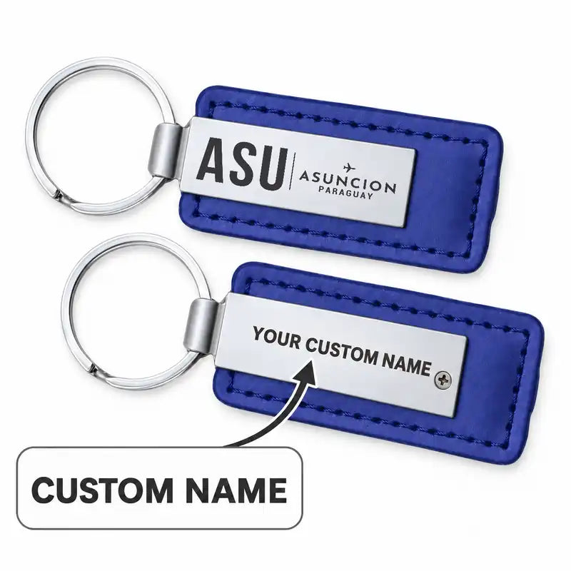 Silvio Pettirossi International Airport (ASU) Leather Key Chains - Leather Key Chain - Faux Leather - Original Design - Blue + Name