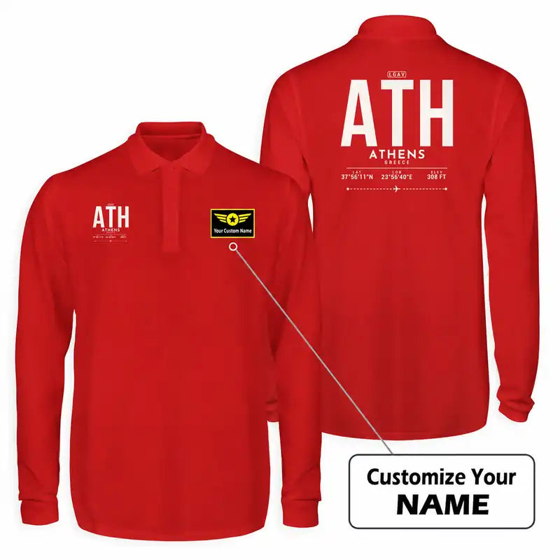 Athens International Eleftherios Venizelos Airport (ATH) Premium Polo T-Shirts - Tag + Name - Long Sleeve - Red