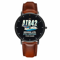 Thumbnail for ATR 42-300 - Cartoon + Name - Slim Leather - Black and Brown Leather Strap