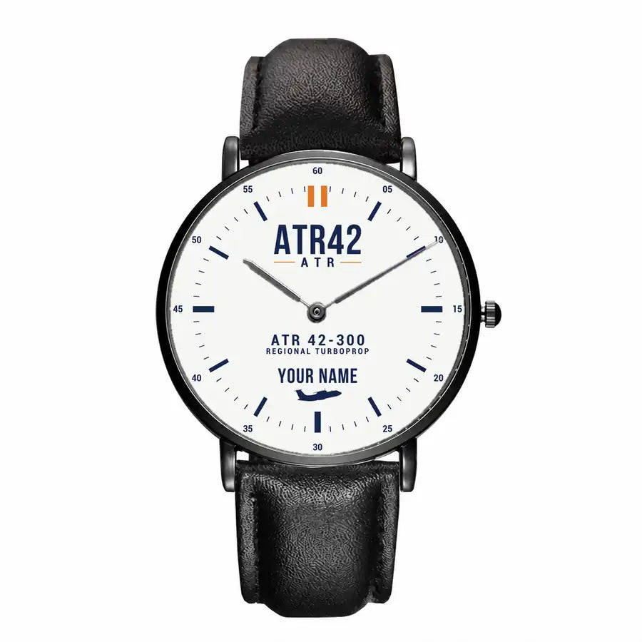 ATR 42-300 - Classic - White + Name - Slim Leather - Black and Black Leather Strap