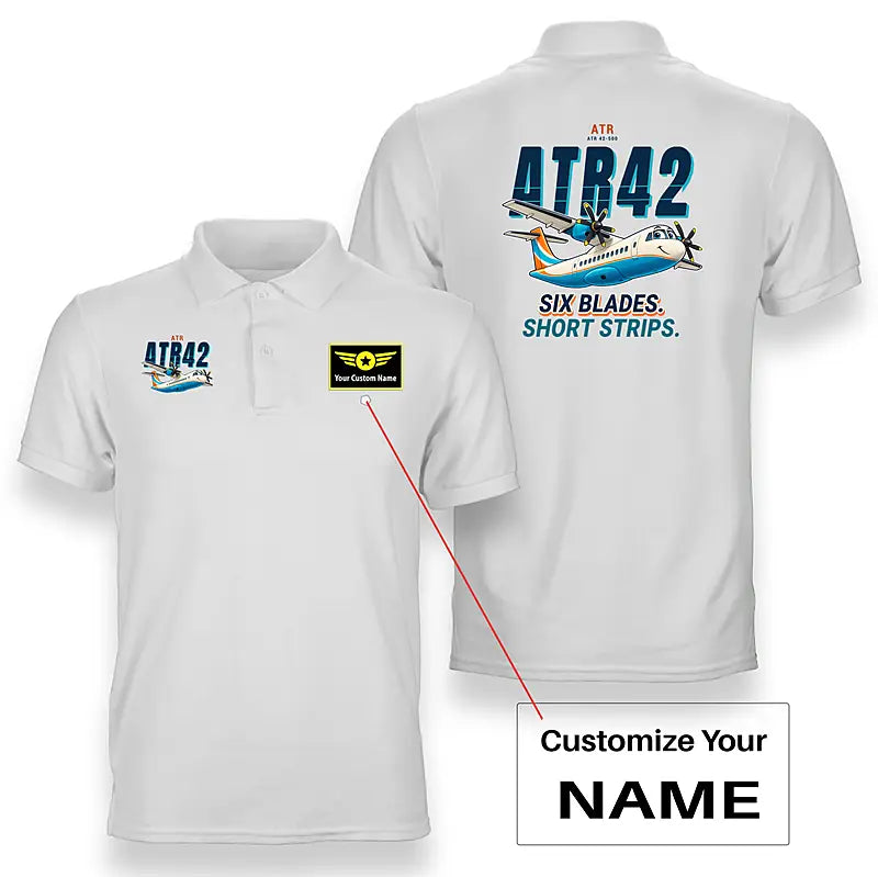 ATR 42-500 - Cartoon - Double-Side Polo - White + Name