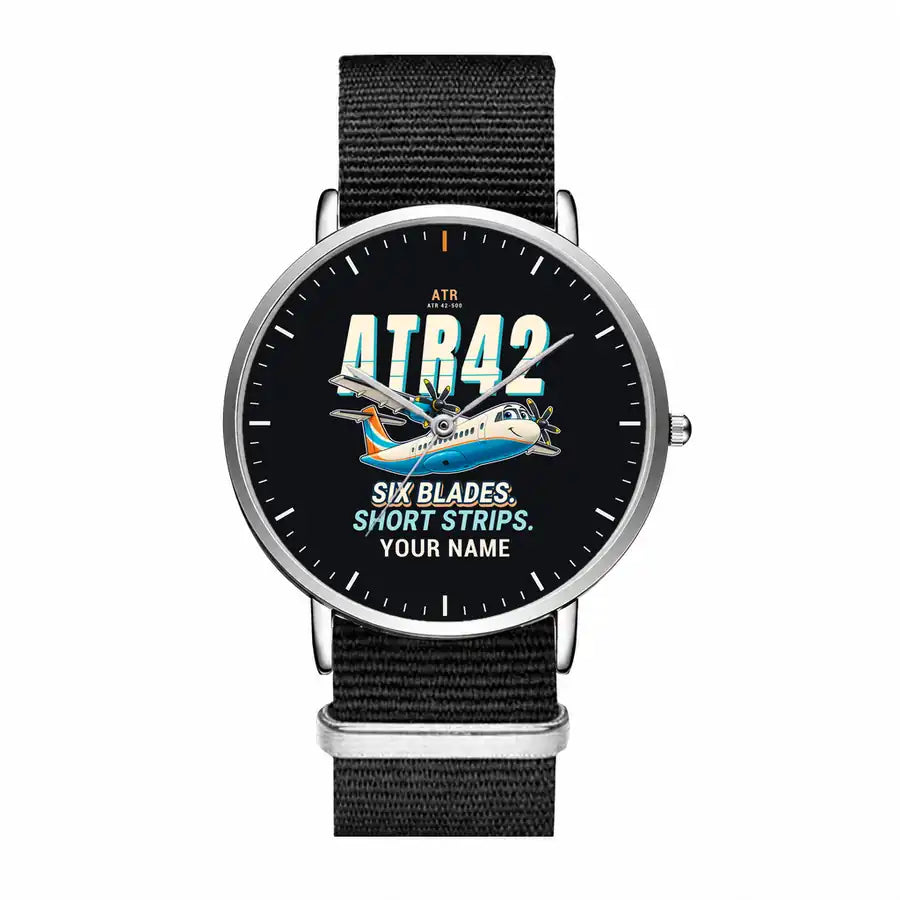ATR 42-500 - Cartoon + Name - Slim Leather - Silver and Black Nylon Strap