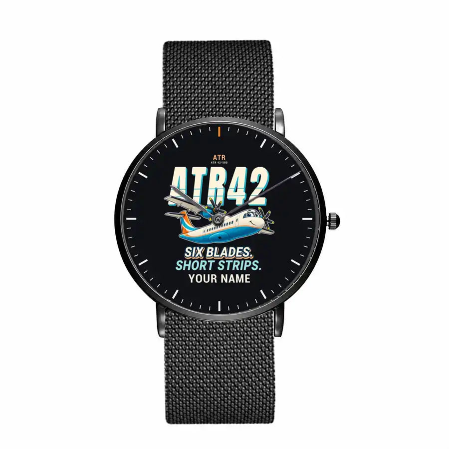 ATR 42-500 - Cartoon + Name - Slim Mesh - Black and Stainless Steel Strap