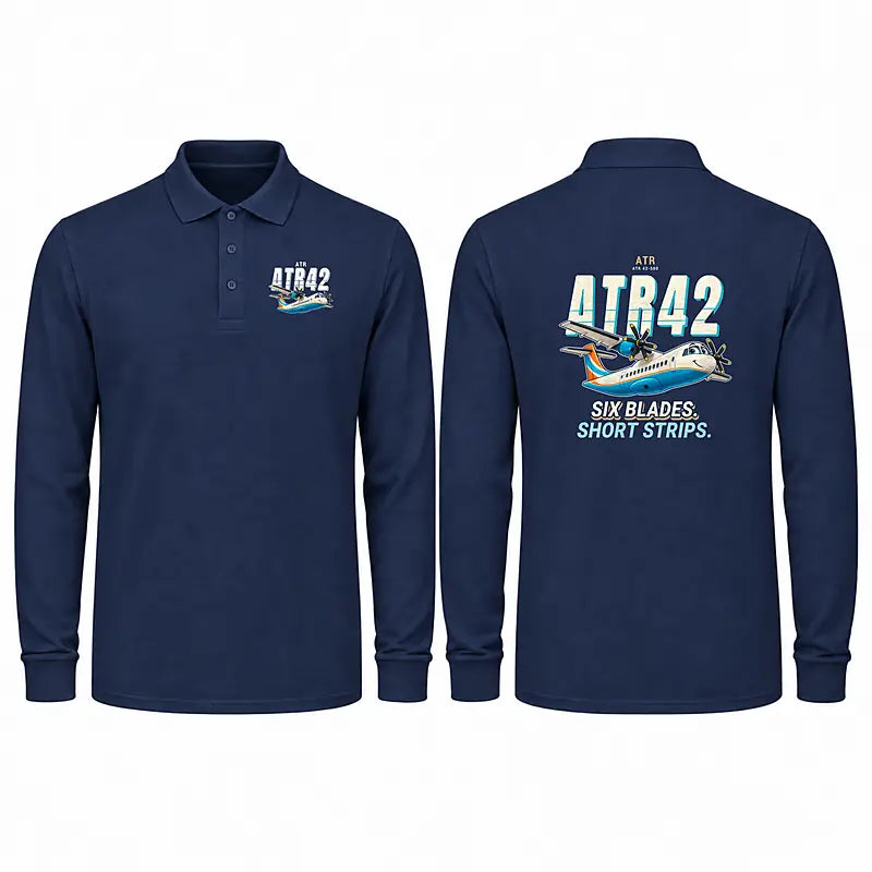 ATR 42-500 Premium Polo T-Shirts - Cartoon - Long Sleeve - Dark Blue