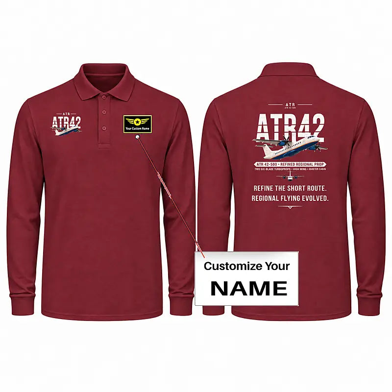 ATR 42-500 Premium Polo T-Shirts - Original + Name - Long Sleeve - Dark Red