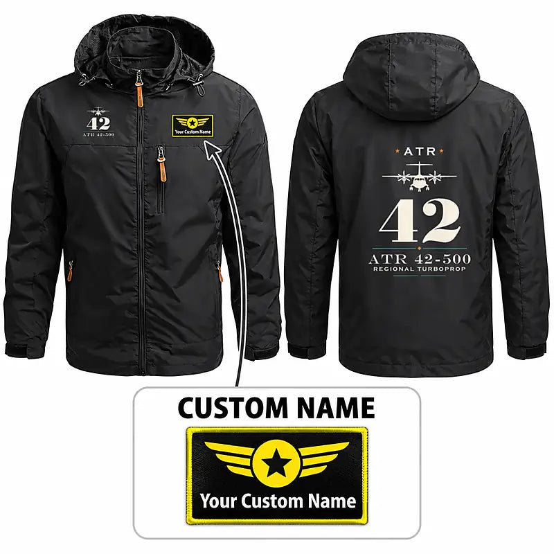 ATR 42-500 Stylish Jackets - Hooded Windbreaker - Heritage + Name - Black