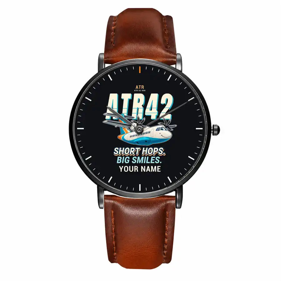 ATR 42-600 - Cartoon + Name - Slim Leather - Black and Brown Leather Strap