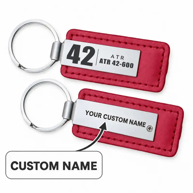 ATR 42-600 - Leather Key Chain - Faux Leather - Tag - Red + Name
